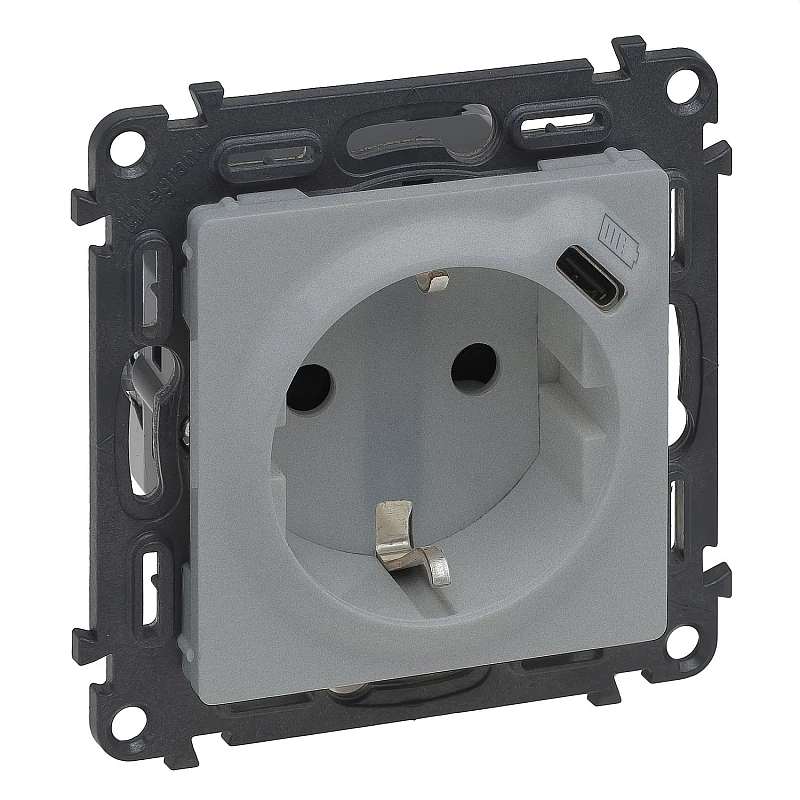 LEGRAND Valena Life Πρίζα Σούκο Ασφαλείας χωνευτή 16A 250V και USB TYPE C 1.5A 7.5W Αλουμίνιο 753335