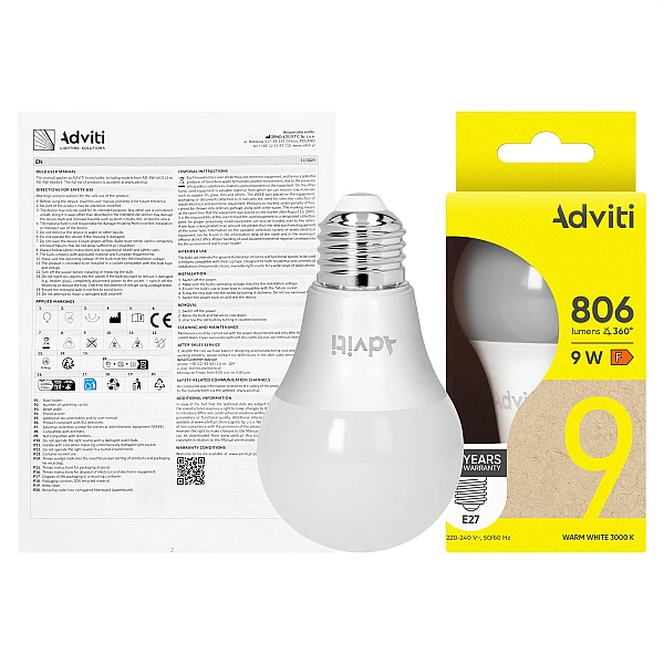 Λαμπτήρας Led Adviti E27 A60 9W Dimmable Θερμό λευκό 3000K AD-SW-6633L3 Orno