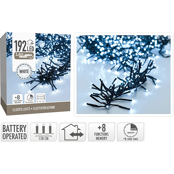 Χριστουγεννιάτικα λαμπάκια Cluster 192 LEDS 1.4m Μπαταρίας Ψυχρό λευκό με κοντρόλ 8 λειτουργιών μαύρο καλώδιο AX8417600