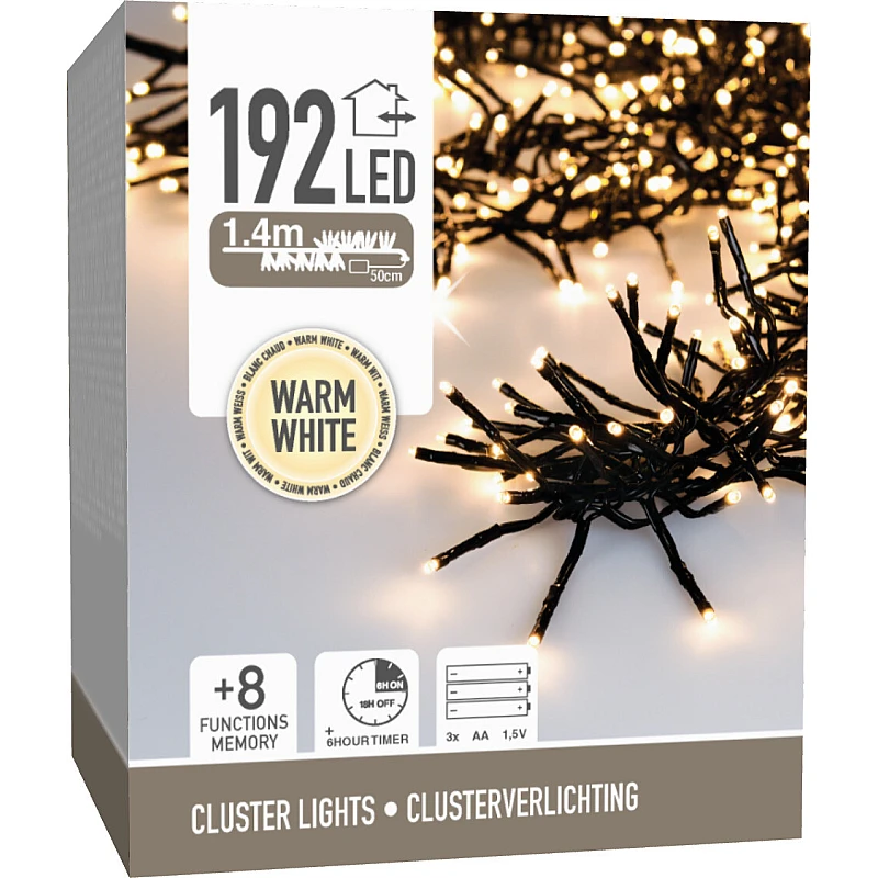 Χριστουγεννιάτικα λαμπάκια Cluster 192 LEDS 1.4m Μπαταρίας Θερμό λευκό με κοντρόλ 8 λειτουργιών μαύρο καλώδιο AX8417610 Χριστουγεννιάτικα λαμπάκια Cluster 192 LEDS 1.4m Μπαταρίας Θερμό λευκό με κοντρόλ 8 λειτουργιών μαύρο καλώδιο AX8417610
