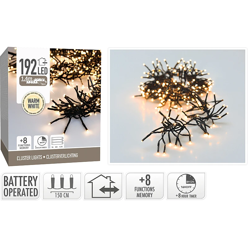 Χριστουγεννιάτικα λαμπάκια Cluster 192 LEDS 1.4m Μπαταρίας Θερμό λευκό με κοντρόλ 8 λειτουργιών μαύρο καλώδιο AX8417610 Χριστουγεννιάτικα λαμπάκια Cluster 192 LEDS 1.4m Μπαταρίας Θερμό λευκό με κοντρόλ 8 λειτουργιών μαύρο καλώδιο AX8417610