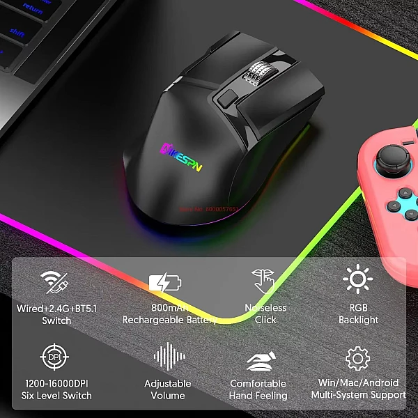 MKESPN SXS-W13 Ασύρματο 10Keys RGB GAMING Ποντίκι μαύρο Επαναφορτιζόμενο