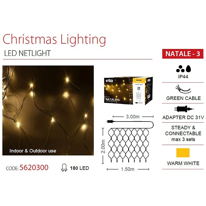 Χριστουγεννιάτικα λαμπάκια LED Δίχτυ 180Led (2x1,5m) με μετασχηματιστή 31V και επέκταση Θερμό λευκό IP44 NATALE-3 VITO 5620300 Χριστουγεννιάτικα λαμπάκια LED Δίχτυ 180Led (2x1,5m) με μετασχηματιστή 31V και επέκταση Θερμό λευκό IP44 NATALE-3 VITO 5620300