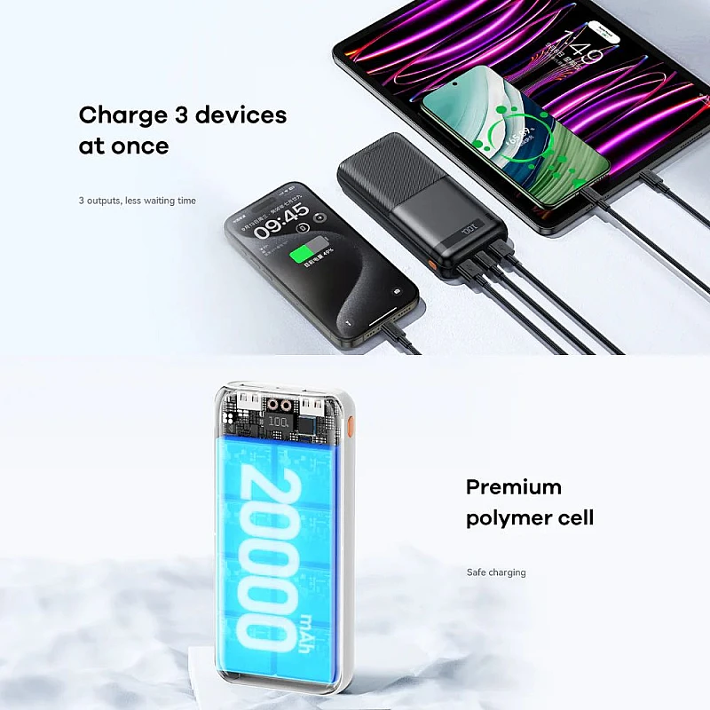 Remax RPP-72 Power Bank 20000mAh PD 20W+QC 22.5W με 2 Θύρες USB-A και Θύρα USB-C λευκό Remax RPP-72 Power Bank 20000mAh PD 20W+QC 22.5W με 2 Θύρες USB-A και Θύρα USB-C λευκό