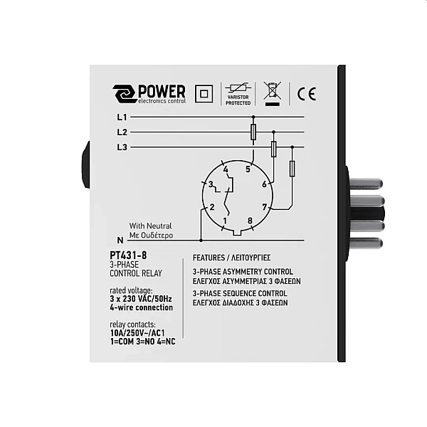 Power Electronics Επιτηρητής ασυμμετρίας & διαδοχής τριφασικός PT431-8