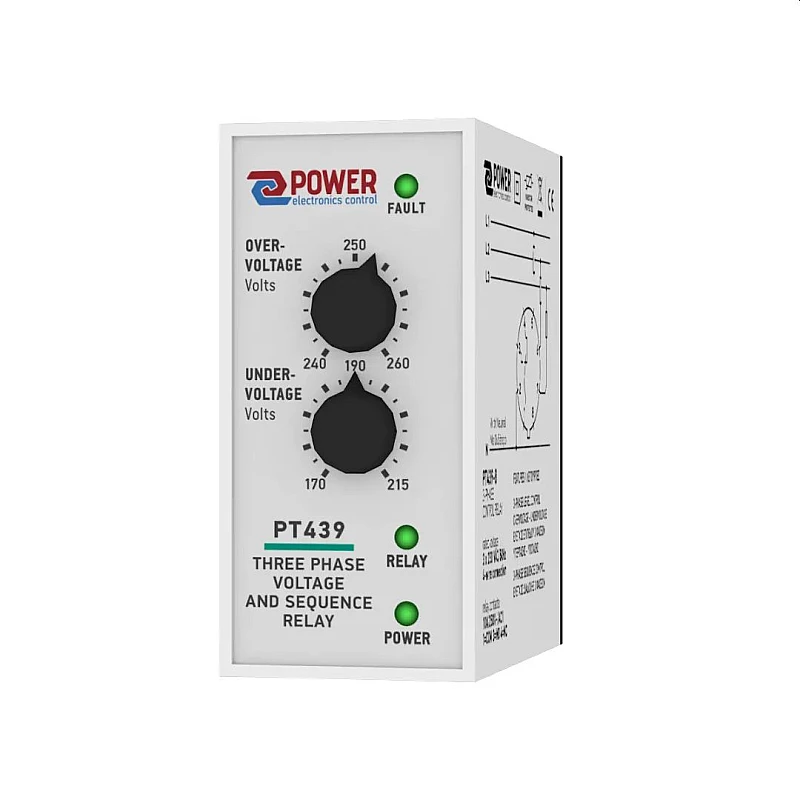 Power Electronics Επιτηρητής επιπέδου τάσης & διαδοχής τριφασικός με ρυθμιζόμενο άνω και κάτω όριο PT439-8 Power Electronics Επιτηρητής επιπέδου τάσης & διαδοχής τριφασικός με ρυθμιζόμενο άνω και κάτω όριο PT439-8