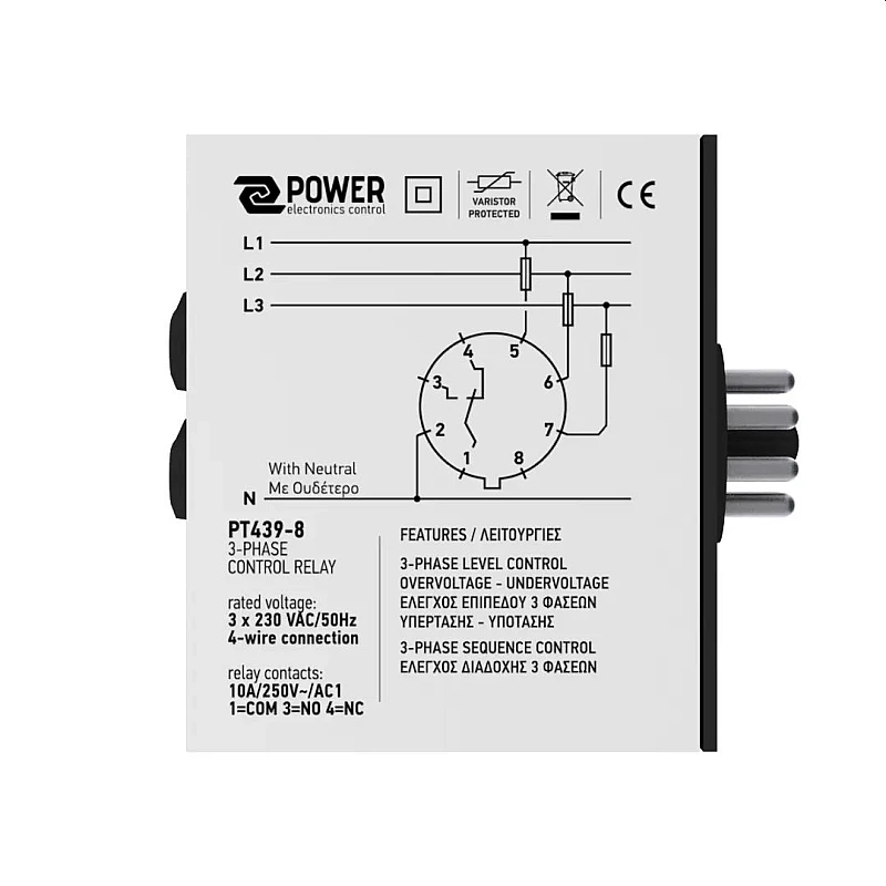 Power Electronics Επιτηρητής επιπέδου τάσης & διαδοχής τριφασικός με ρυθμιζόμενο άνω και κάτω όριο PT439-8 Power Electronics Επιτηρητής επιπέδου τάσης & διαδοχής τριφασικός με ρυθμιζόμενο άνω και κάτω όριο PT439-8
