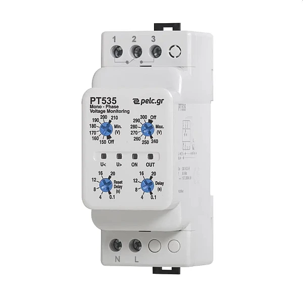 Power Electronics Μονοφασικός Επιτηρητής Τάσης Ράγας με Ρυθμιζόμενα Όρια Τάσης & Χρόνους Επανεκκίνησης/Αδράνειας PT535