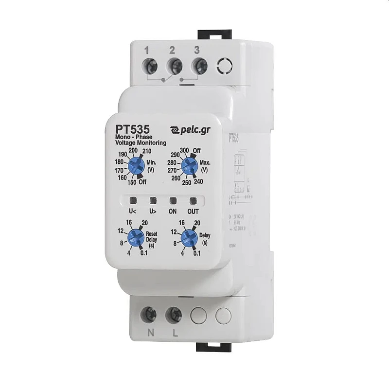 Power Electronics Μονοφασικός Επιτηρητής Τάσης Ράγας με Ρυθμιζόμενα Όρια Τάσης & Χρόνους Επανεκκίνησης/Αδράνειας PT535 Power Electronics Μονοφασικός Επιτηρητής Τάσης Ράγας με Ρυθμιζόμενα Όρια Τάσης & Χρόνους Επανεκκίνησης/Αδράνειας PT535