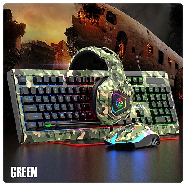 YILIMA QS-3005 GAMING USB ενσύρματο πληκτρολόγιο με ποντίκι, ακουστικά και mousepad Camouflage Αγγλικό US OEM