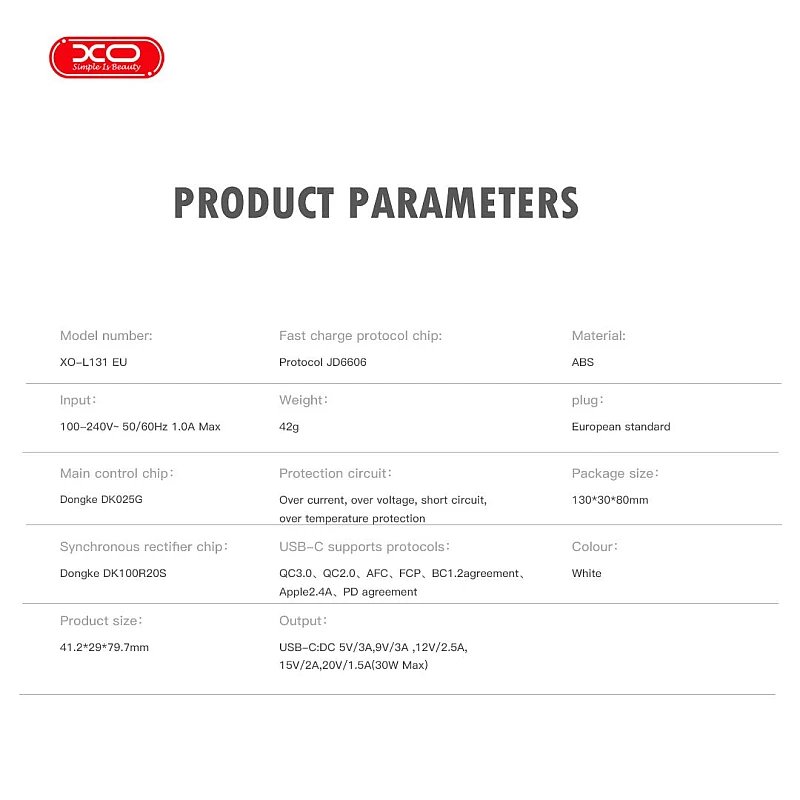 XO L131 (EU) PD30W USB-C Φορτιστής Γρήγορης Φόρτισης XO L131 (EU) PD30W USB-C Φορτιστής Γρήγορης Φόρτισης