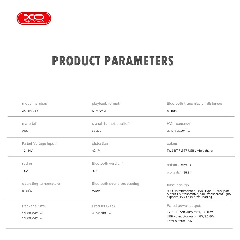 XO BCC18 Smart Bluetooth MP3 Φορτιστής Αυτοκινήτου Type-C 3A
