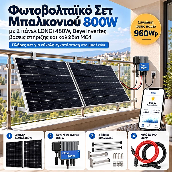 Φωτοβολταϊκό Σετ Μπαλκονιού 800W με 2 Πάνελ LONGi 480W, Deye Inverter και Βάσεις Στήριξης KIT-BAL800-LONGI480X2