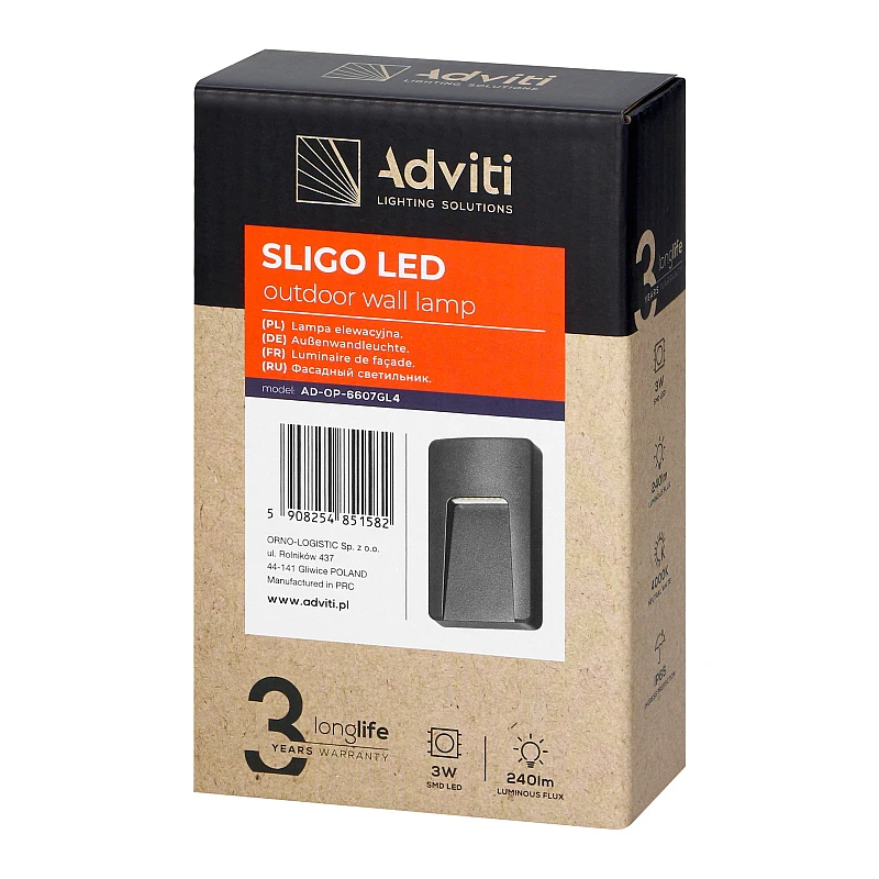 Φωτιστικό LED Adviti 3W επίτοιχο ορθογώνιο Φυσικό Λευκό 4000K Γκρι Ματ SLIGO AD-OP-6607GL4 Orno
