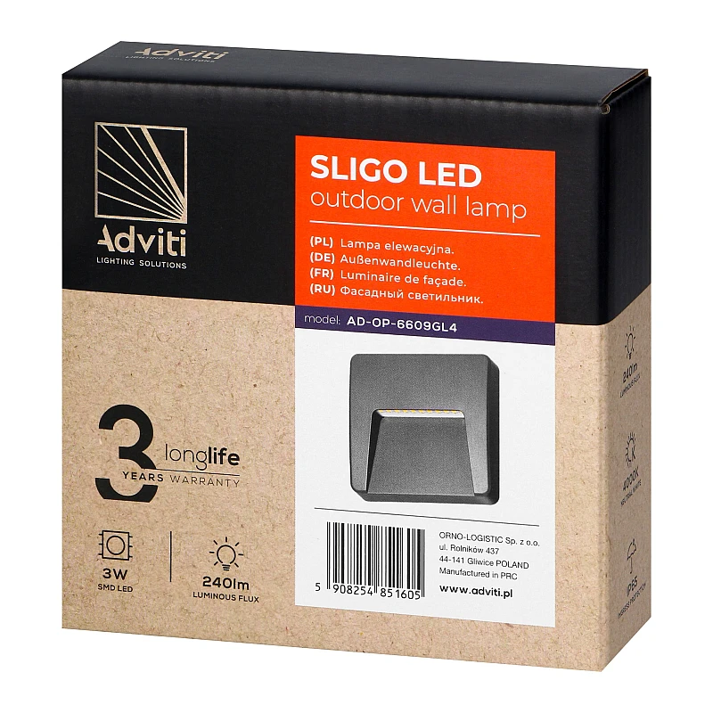 Φωτιστικό LED Adviti 3W επίτοιχο τετράγωνο Φυσικό Λευκό 4000K Γκρι Ματ SLIGO AD-OP-6607GL4 Orno