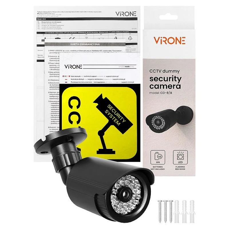 Dummy κάμερα ασφαλείας CCTV με LED επιτοίχια με τροφοδοσία 2×AA Μαύρη CD-8/B Virone