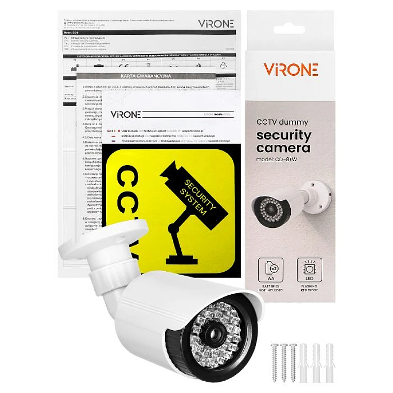Dummy κάμερα ασφαλείας CCTV με LED επιτοίχια με τροφοδοσία 2×AA Λευκή CD-8/W Virone