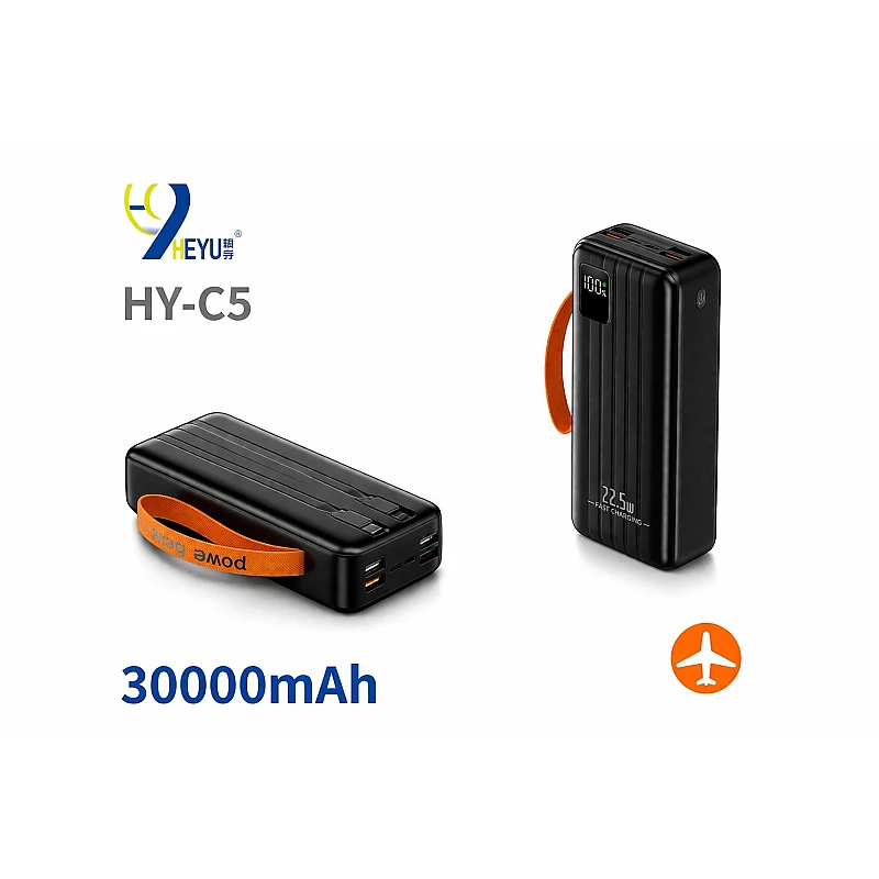 Power Bank 30000mAh με 4 USB, Type C/Lightningκαι 2 ενσωματωμένα καλώδια HY-C5 OEM