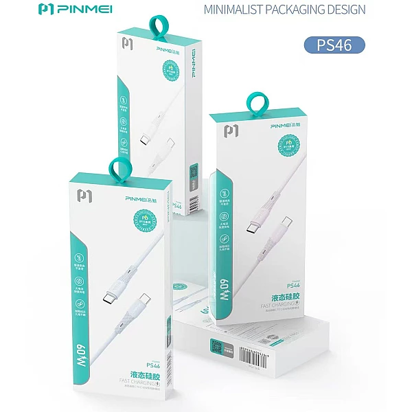 PINMEI PS46 Καλώδιο Γρήγορης Φόρτισης και Μεταφοράς Δεδομένων Σιλικόνης 60W USB Type C σε USB Type C σε λευκό χρώμα