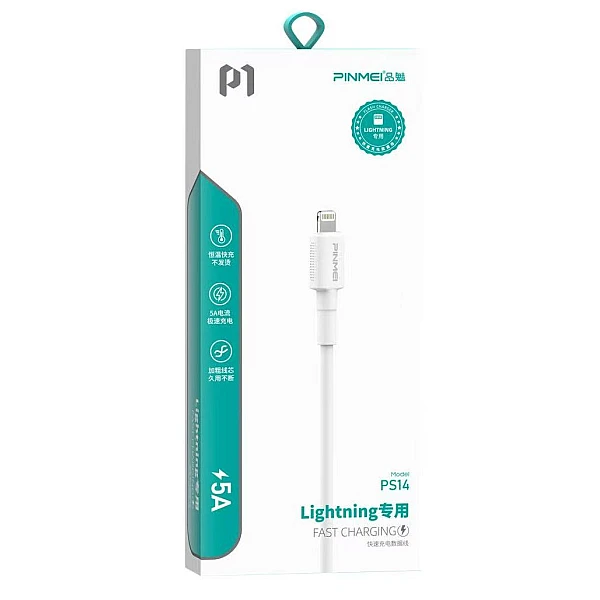 PINMEI PS14 Καλώδιο Γρήγορης Φόρτισης και Μεταφοράς Δεδομένων USB A σε Lightning 5A σε λευκό χρώμα