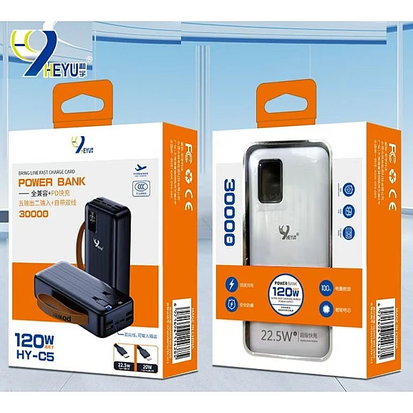 Power Bank 30000mAh με 4 USB, Type C/Lightningκαι 2 ενσωματωμένα καλώδια HY-C5 OEM