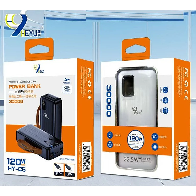 Power Bank 30000mAh με 4 USB, Type C/Lightningκαι 2 ενσωματωμένα καλώδια HY-C5 OEM
