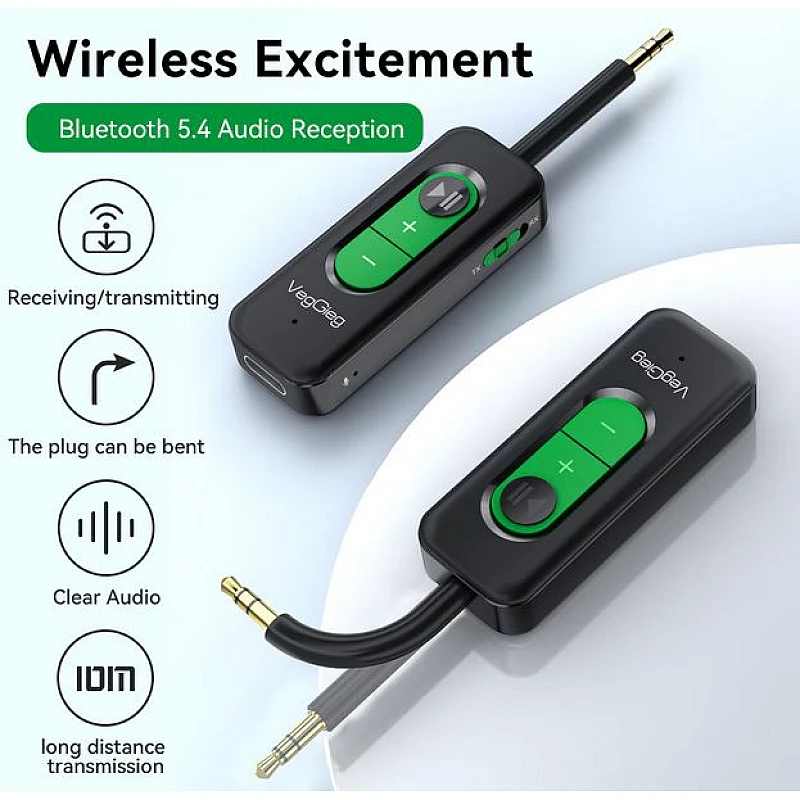 VegGieg V-UB505 Bluetooth Transmitter Receiver 2-in-1 έξοδος AUX 3.5mm και USB-C με Ενσωματωμένο Μικρόφωνο Μαύρο