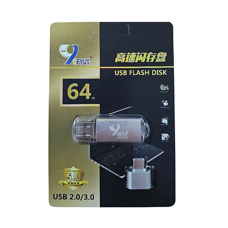 HY-K77 64GB USB 2.0/3.0 Flash Drive με αντάπτορα Type-C σε USB 9HEYU