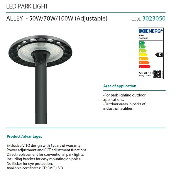 LED φωτιστικό δρόμου ALLEY 50W/70W/100W 3xCCT (3000K/4000K/6500K) 6500lm/9100lm/13000lm IP65 IK07 3023050 VITO