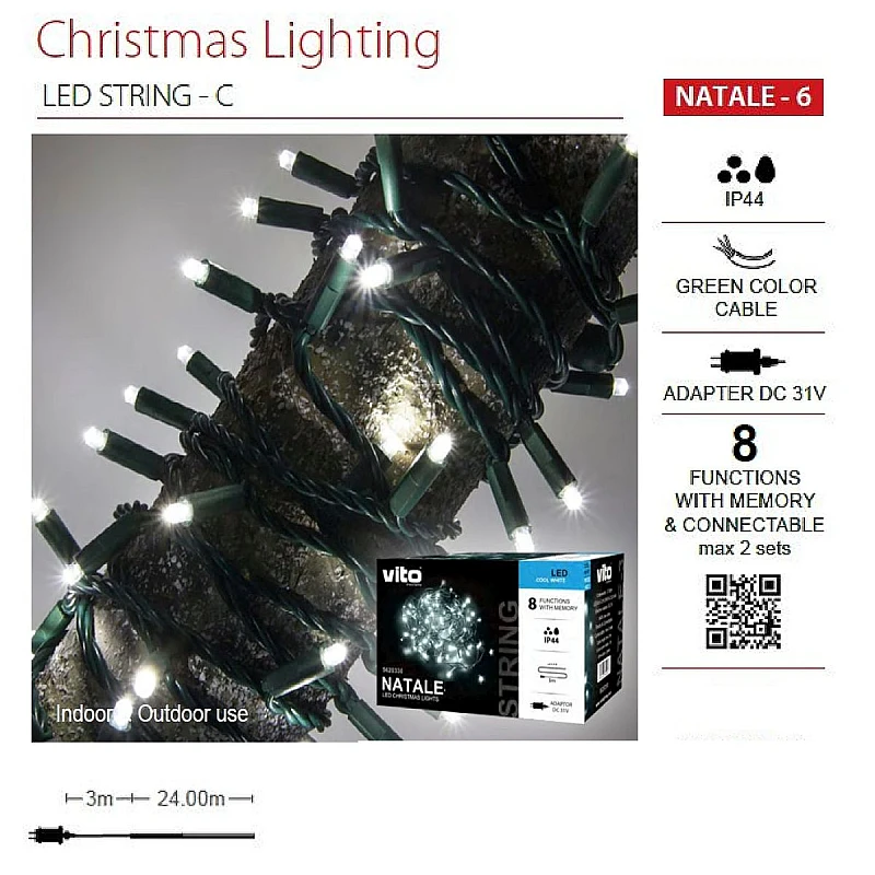Χριστουγεννιάτικα λαμπάκια LED 240 Λευκό με 8 Προγράμματα Πράσινο Καλώδιο ΙΡ44 NATALE-6 VITO 5620550 