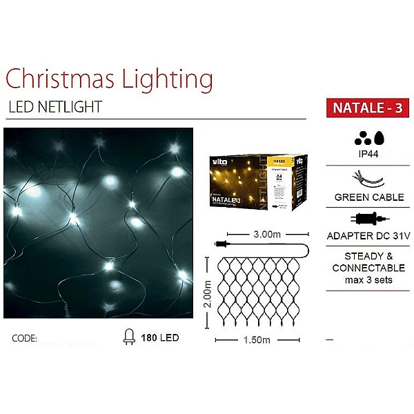 Χριστουγεννιάτικα λαμπάκια LED Δίχτυ 180Led (2x1,5m) με μετασχηματιστή 31V και επέκταση λευκό IP44 NATALE-3 VITO 5620310