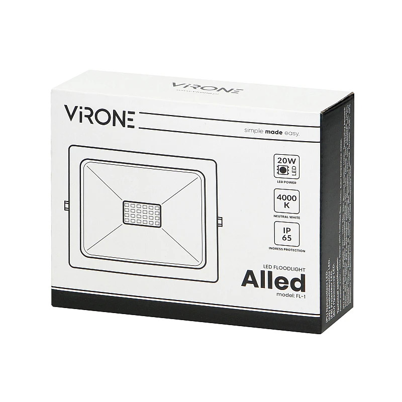 Virone Προβολέας LED SMD 20W 1500lm Φυσικό Λευκό  IP65 Μαύρος Alled FL-1
