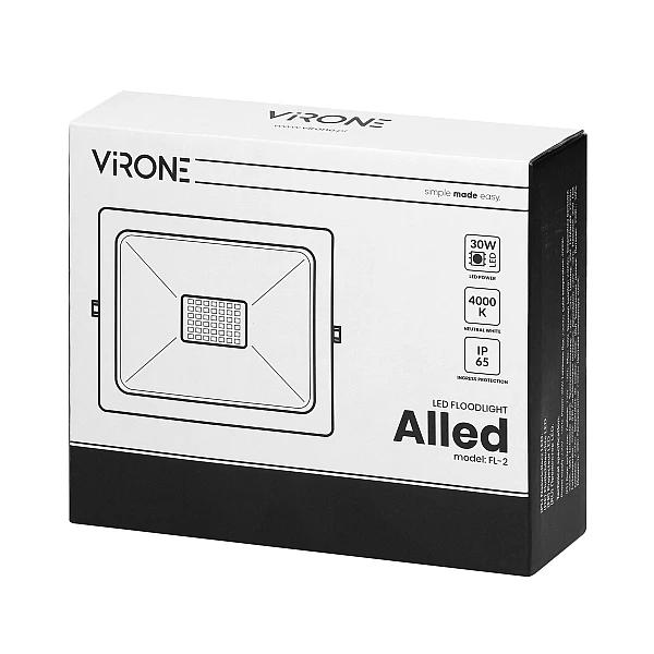 Virone Προβολέας LED SMD 30W 2300lm Φυσικό Λευκό  IP65 Μαύρος Alled FL-2