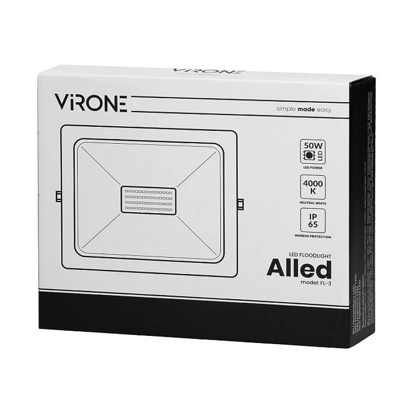 Virone Προβολέας LED SMD 50W 3700lm Φυσικό Λευκό IP65 Μαύρος Alled FL-3 Virone Προβολέας LED SMD 50W 3700lm Φυσικό Λευκό IP65 Μαύρος Alled FL-3