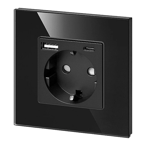  ORNO Πρίζα σούκο με 1 θύρα USB 3A και 1 θύρα Type C μαύρη με εφέ γυαλιού OR-AE-13308(GS)/B