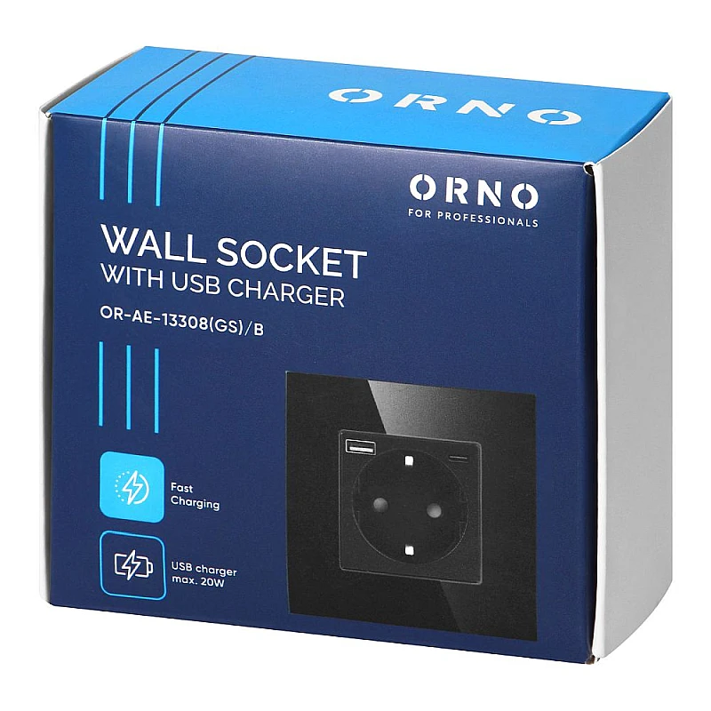  ORNO Πρίζα σούκο με 1 θύρα USB 3A και 1 θύρα Type C μαύρη με εφέ γυαλιού OR-AE-13308(GS)/B