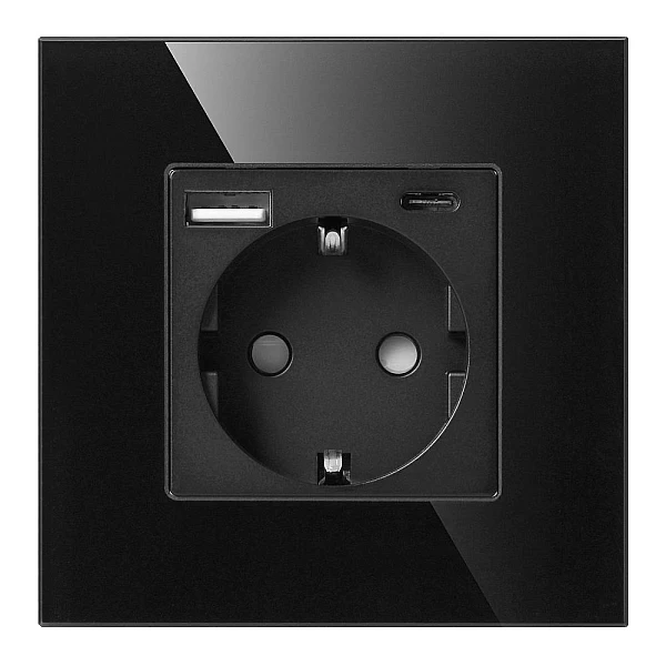  ORNO Πρίζα σούκο με 1 θύρα USB 3A και 1 θύρα Type C μαύρη με εφέ γυαλιού OR-AE-13308(GS)/B