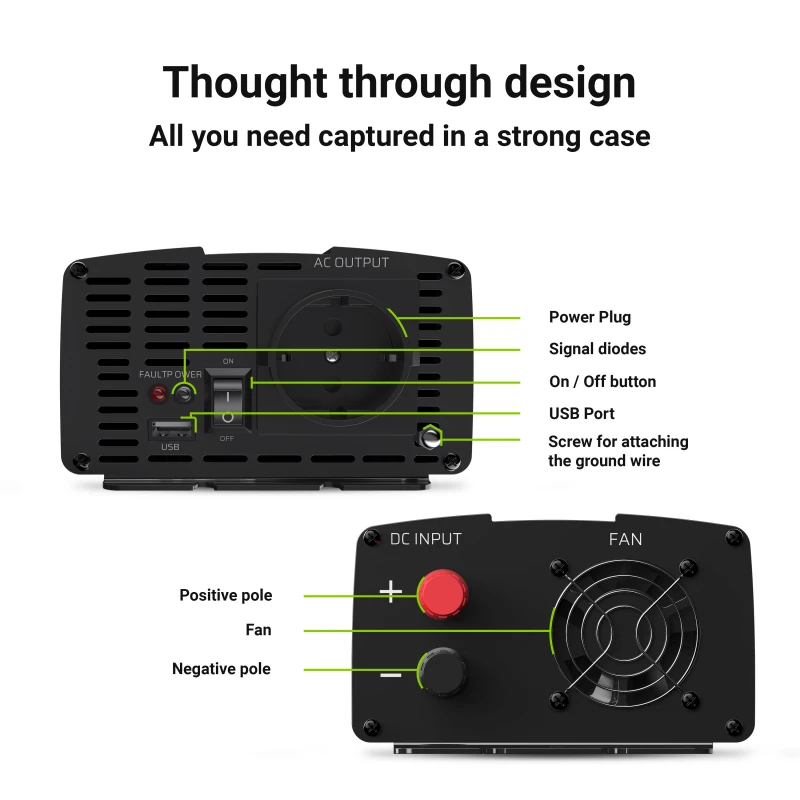 Green Cell Inverter Καθαρού Ημιτόνου 1000W/2000W για Μετατροπή 24V DC σε 230V AC με 1xUSB INV18