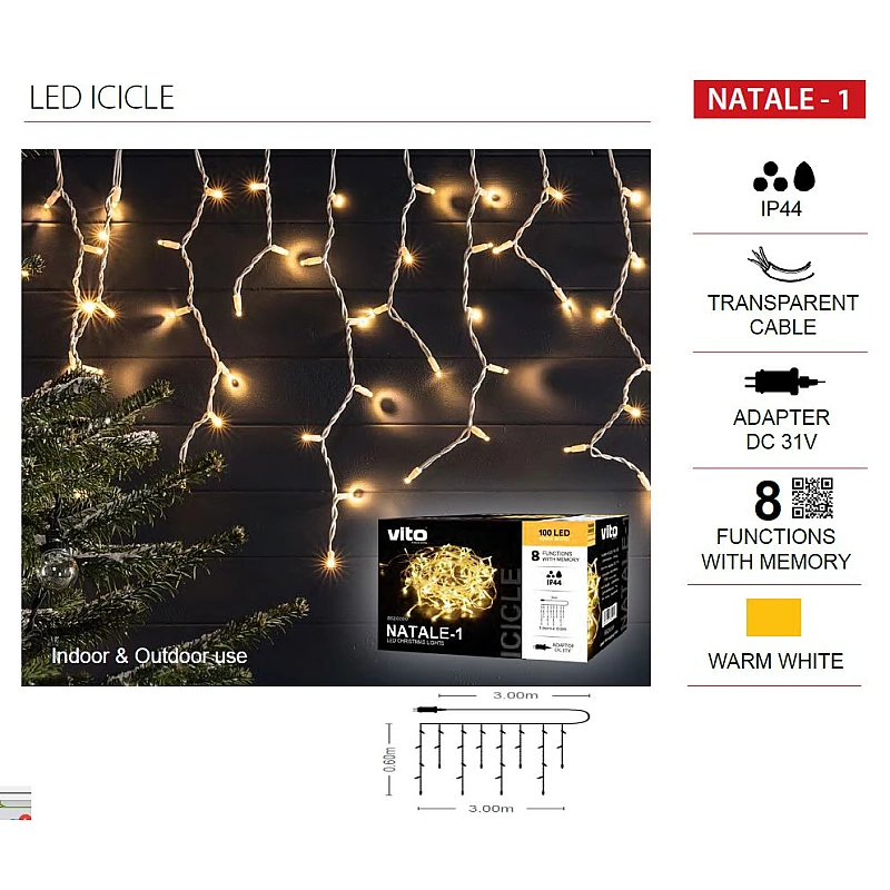 Χριστουγεννιάτικα λαμπάκια LED Βροχή Icicle 160Led (3x0,6m) με μετασχηματιστή Θερμό λευκό IP44 NATALE-1 VITO 5620220 Χριστουγεννιάτικα λαμπάκια LED Βροχή Icicle 160Led (3x0,6m) με μετασχηματιστή Θερμό λευκό IP44 NATALE-1 VITO 5620220