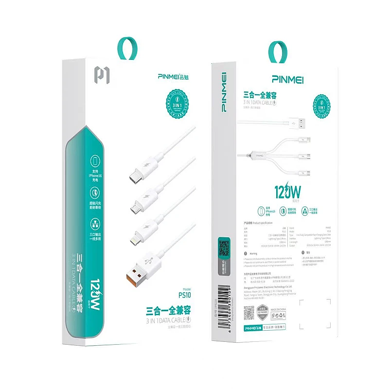 PINMEI PS10 Καλώδιο 3 in 1 Γρήγορης Φόρτισης και Μεταφοράς Δεδομένων 120W σε λευκό χρώμα