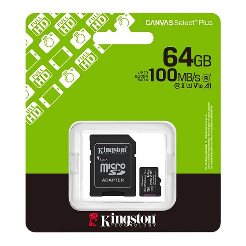 Κάρτα μνήμης microSD Kingston 64GB Canvas Select Plus 100MB/s UHS-I U1 class 10 V10 A1 (microSDXC) + adapter