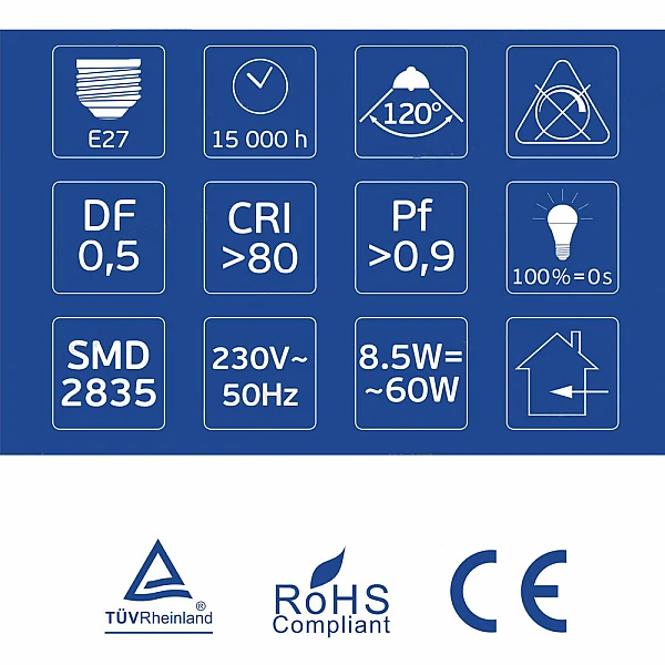 Λαμπτήρας Led E27 A60 8.5Watt Θερμό Λευκό 3000K 58063000 OMU Lighting 