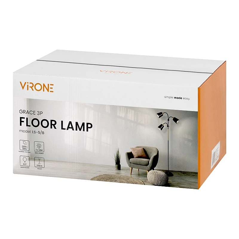 Φωτιστικό Δαπέδου Υ192xΜ22εκ. με 3 Ντουί E27 Μαύρο GRACE 3P LS-5/B ORNO-Virone