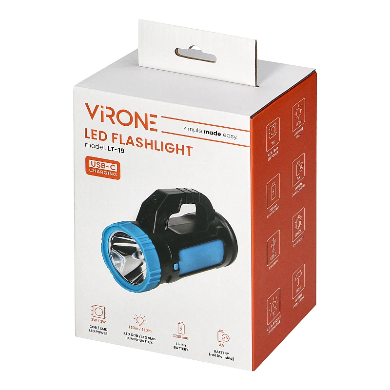 Φακός LED με χειρολαβή επαναφορτιζόμενος 3W + COB 3W με 4 λειτουργίες LT-19 ORNO-Virone