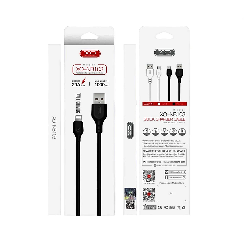 XO NB103 Καλώδιο Φόρτισης 2.1A USB to Lightning 2m Λευκό 16.005.0068