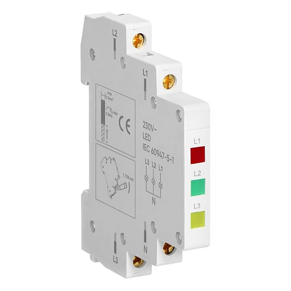 ORNO Ενδεικτική λυχνία LED τριφασική ράγας DIN AC L1 L2 L3 N κόκκινο πράσινο κίτρινο OR-AM-LS-19100/3/RGNY 