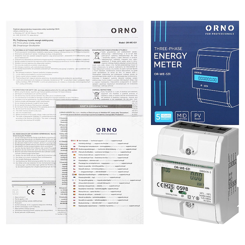 ORNO Τριφασικό Κιλοβατοωρόμετρο - Μετρητής ενέργειας ράγας Ψηφιακός 3Φ  / 400V OR-WE-531