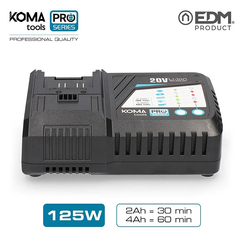 Ταχυφορτιστής μπαταρίας ιόντων λιθίου 125W 20V 30-60 ΛΕΠΤΩΝ KOMA TOOLS PRO 08773 EDM Spain Ταχυφορτιστής μπαταρίας ιόντων λιθίου 125W 20V 30-60 ΛΕΠΤΩΝ KOMA TOOLS PRO 08773 EDM Spain
