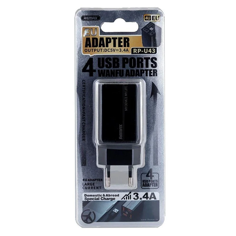 Remax RP-U43 Φορτιστής για smartphones με 4ΧUSB 5V/3.4A Μαύρος Remax RP-U43 Φορτιστής για smartphones με 4ΧUSB 5V/3.4A Μαύρος