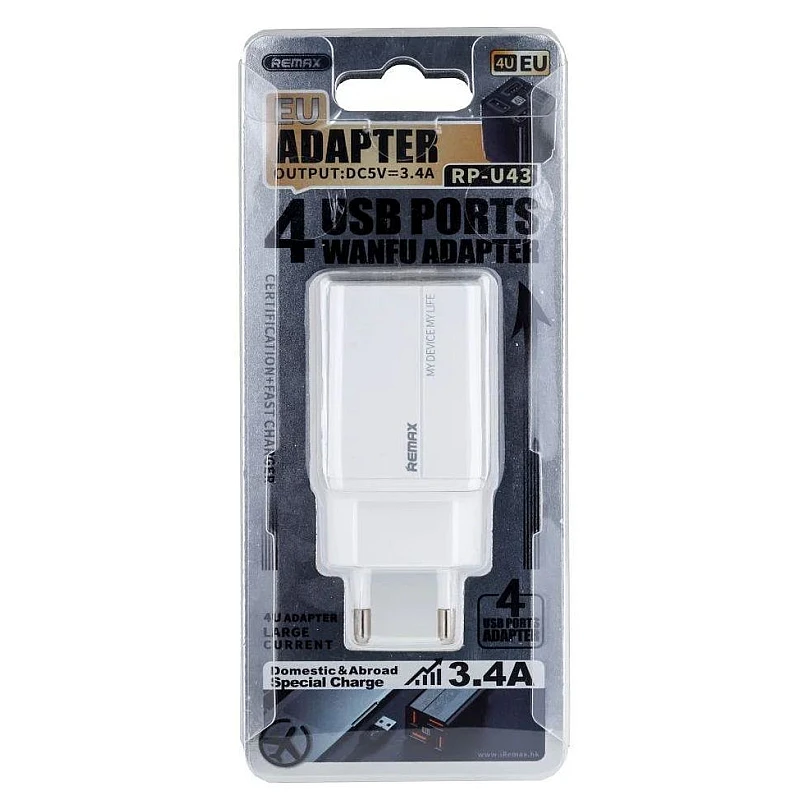 Remax RP-U43 Φορτιστής για smartphones με 4ΧUSB 5V/3.4A Λευκός Remax RP-U43 Φορτιστής για smartphones με 4ΧUSB 5V/3.4A Λευκός
